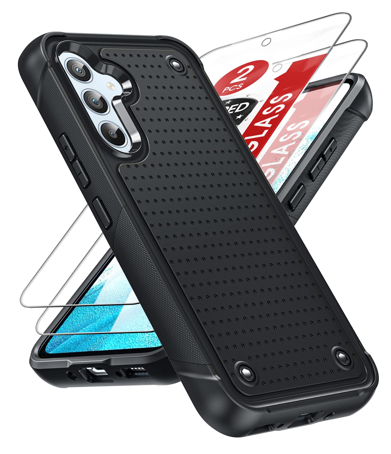 LeYi Armour Case Compatible with Samsung Galaxy A54 5G, Galaxy A54 Phone Cover with 2 Pack Tempered Glass Screen Protectors, Heavy Duty Hard PC Textured Shockproof Back Case Red
