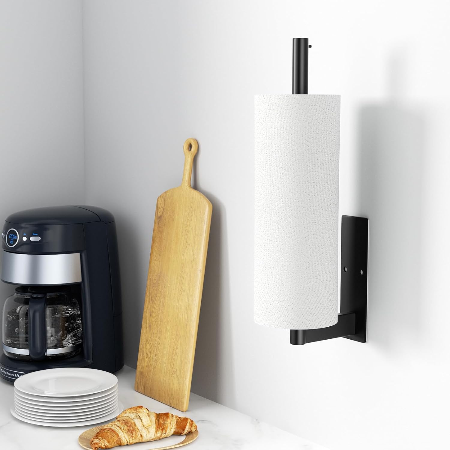 Kitchen Roll Holder Under Cabinet, Stainless Steel Paper Towel Holder Matte Black, Self-Adhensive, Suitable for Pantry, Kitchen, Bathroom