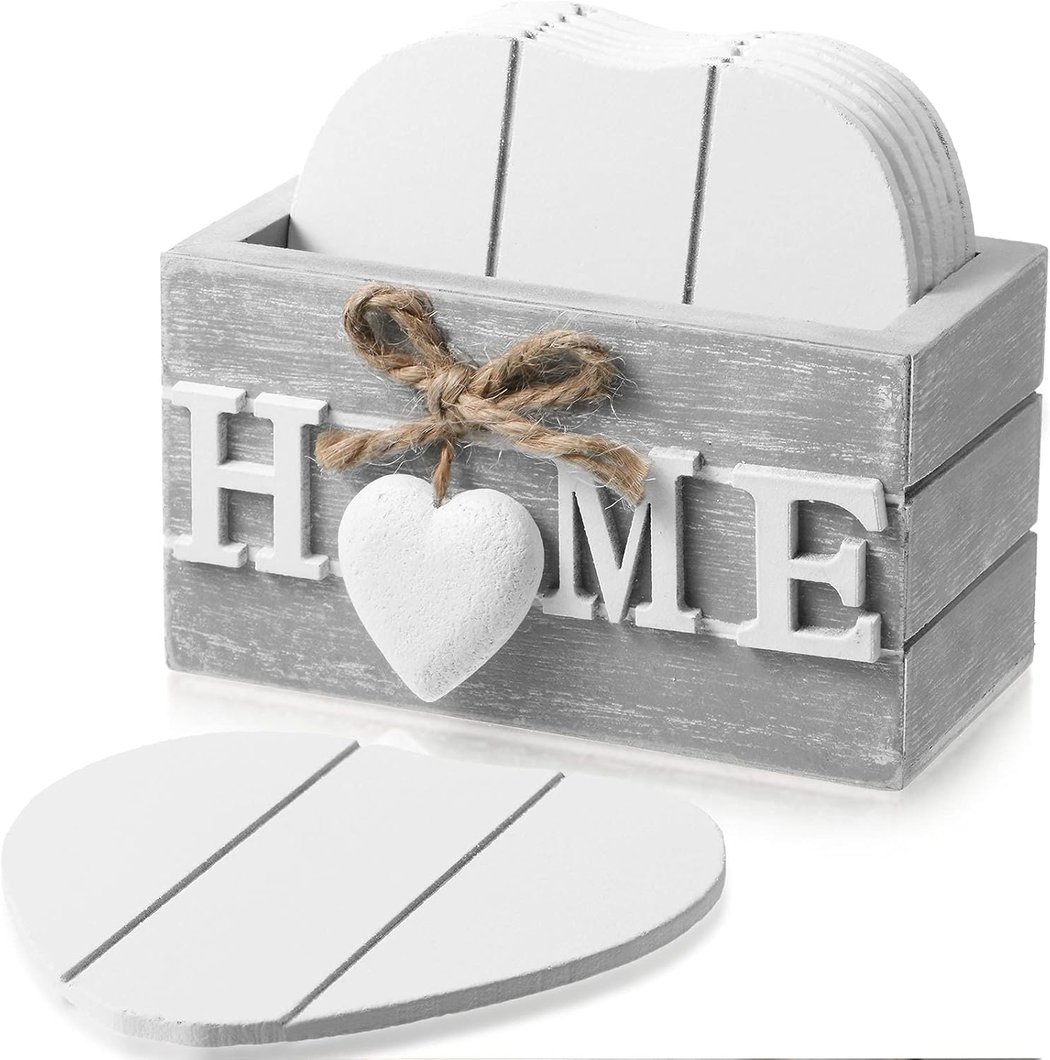 Patelai Wooden Heart Coasters for Drinks Set of 6 Funny Farmhouse Coasters with Holder for Coffee Table Protection Housewarming Gifts New Home Decoration, 4 Inch(Home, Grey)