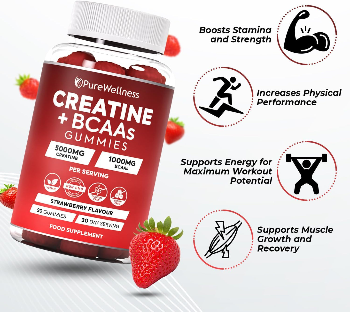 PureWellness Creatine and BCAA Gummies - 5000mg Creatine Monohydrate, 1000mg BCAAs per Serving - Chewable Vegan Sugar Free Gummies, Strawberry Flavour (1 Month Supply)