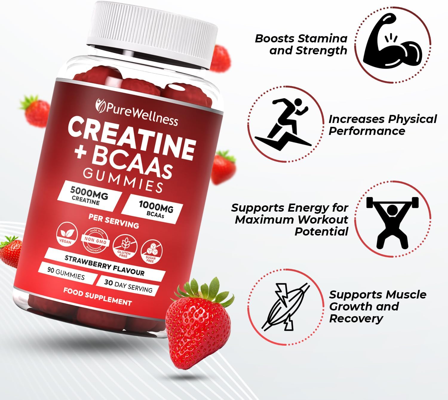 PureWellness Creatine and BCAA Gummies - 5000mg Creatine Monohydrate, 1000mg BCAAs per Serving - Chewable Vegan Sugar Free Gummies, Strawberry Flavour (1 Month Supply)