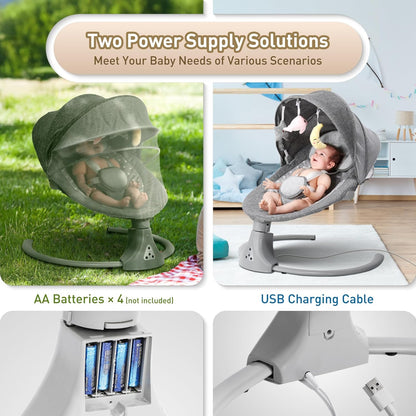 Baby Swing Chair: Baby Bouncer from Birth with Bluetooth Remote Control | Cordless 5-Speed Levels 12 Lullabies & 3 Timers | 3 Adjustable Angles & Electric Rocking Chair for Newborn | Gray