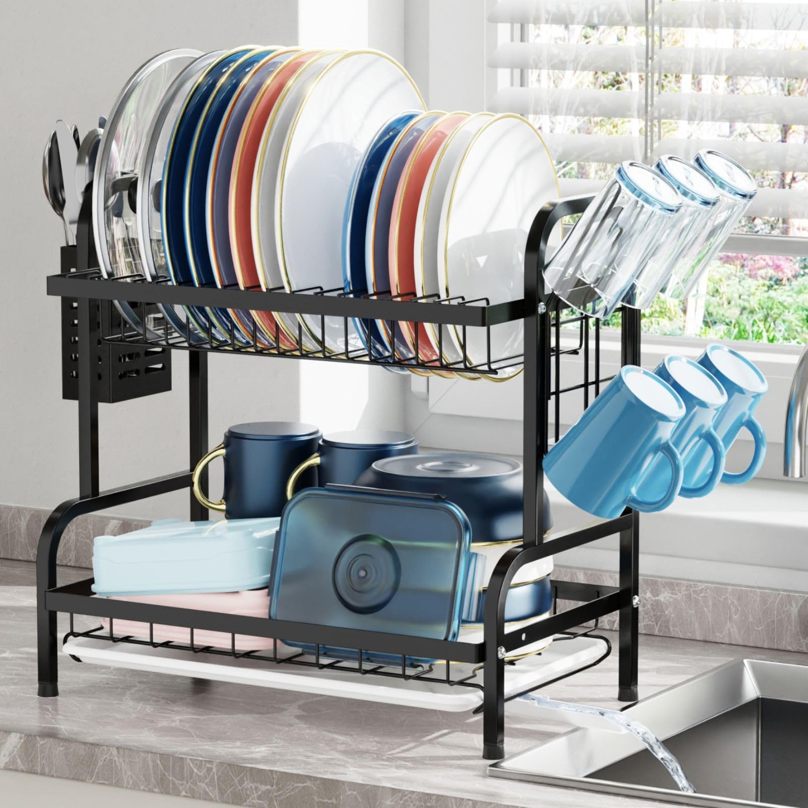 iSPECLE 2 Tier Dish Drainer Rack - Small Dish Drying Rack with Drip Tray, Space-Saving Draining Board Rack with Utensil Cutting & Board Holder for Kitchen Worktop, Black