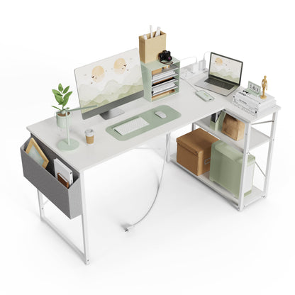 BEXEVUE L Shaped Gaming Desk with Power Outlets, 100x70 cm Computer Desk with Storage Bag, Office Desk Small Writing Table with Large Reversible Storage Shelves, Workstation Study Home Office, Black