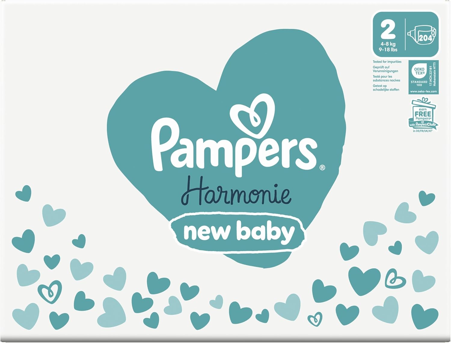 Pampers Harmonie Nappies Size 2, 204 Nappies, 4kg-8kg, Monthly Pack, Gentle Skin Protection with 100 Percent Pampers Protection