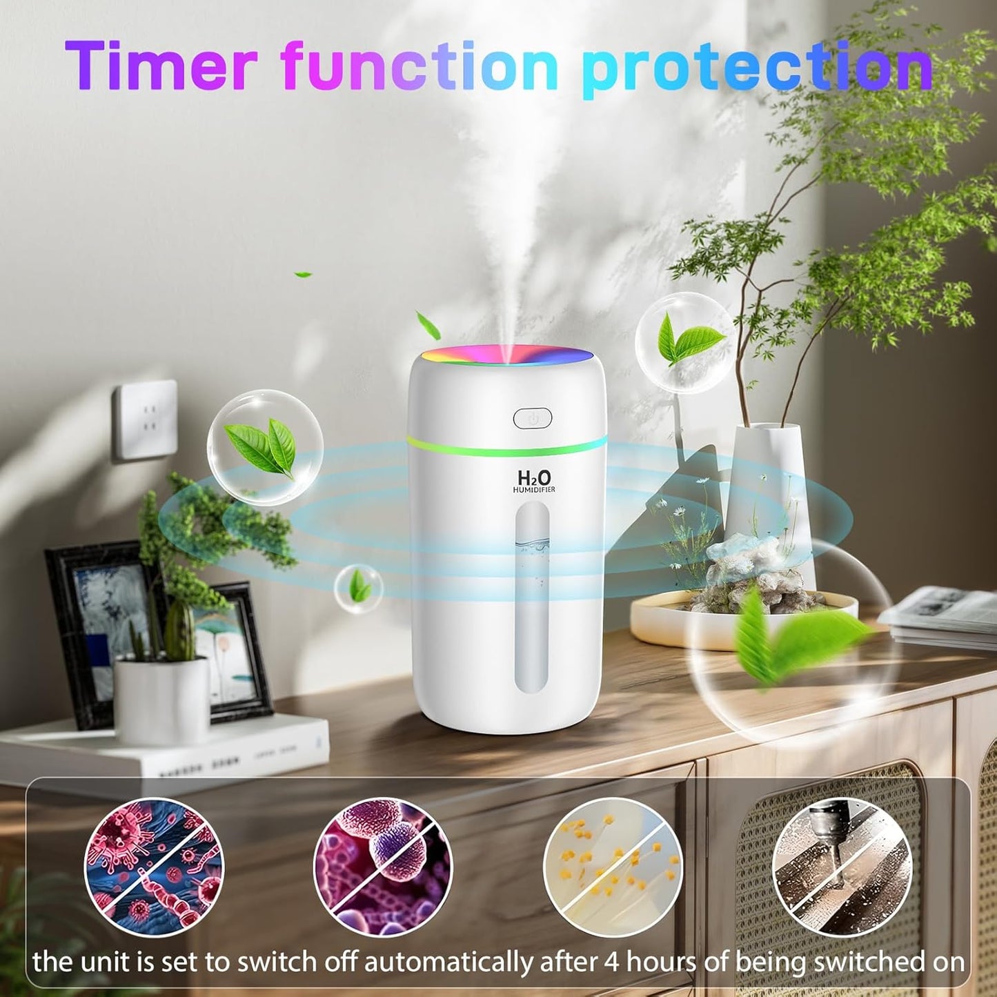 KISSLEAF Mini Room Humidifier 250ml for Bedroom, Children's Room, Plants, 15 H Lonue Duration 28 dB Silent Baby Air Humidifier