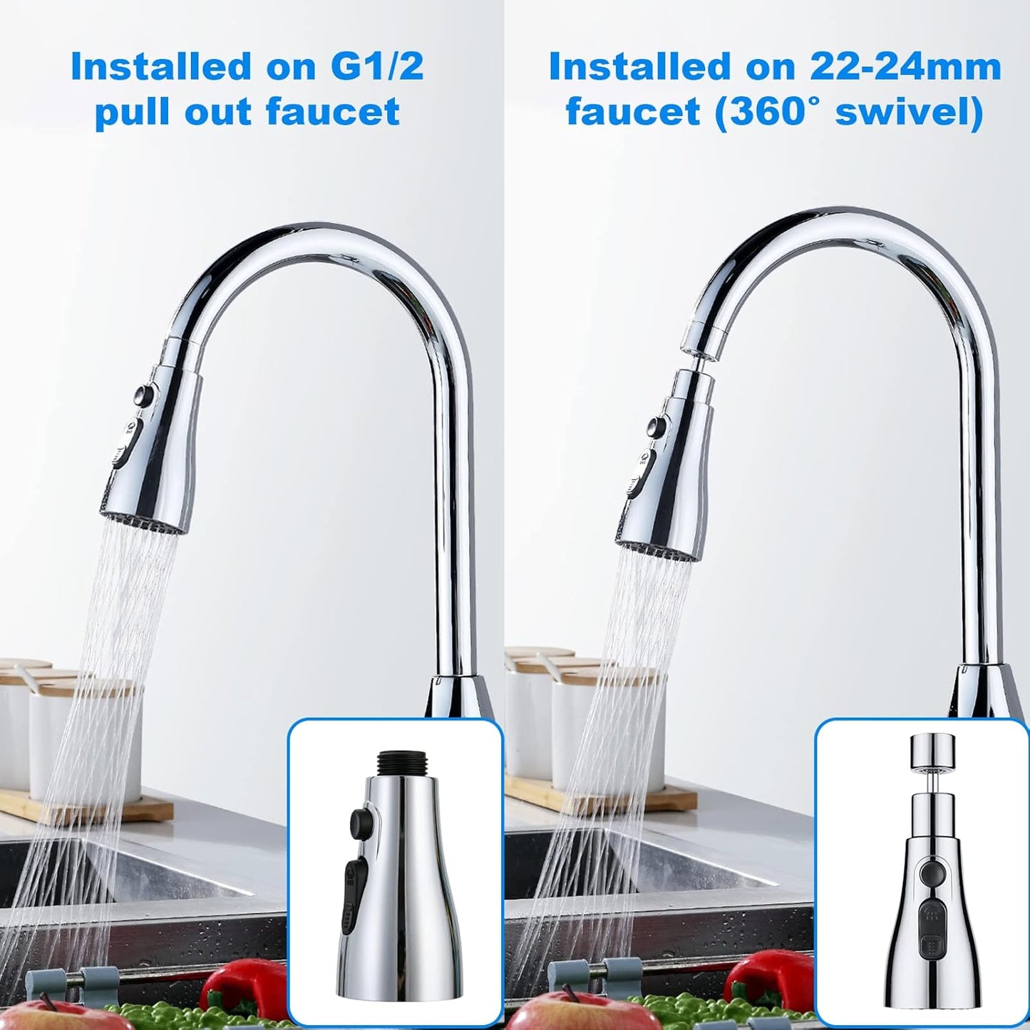 OSDUE Kitchen Tap Spray Head, 360° Swivel Spout, FM22 M24 Kitchen Sink Tap, Tap Faucet Attachment Spray with 3 Modes, Replacement Tap Bubbler Head Aerator,Tap Adapter Accessories,G1/2