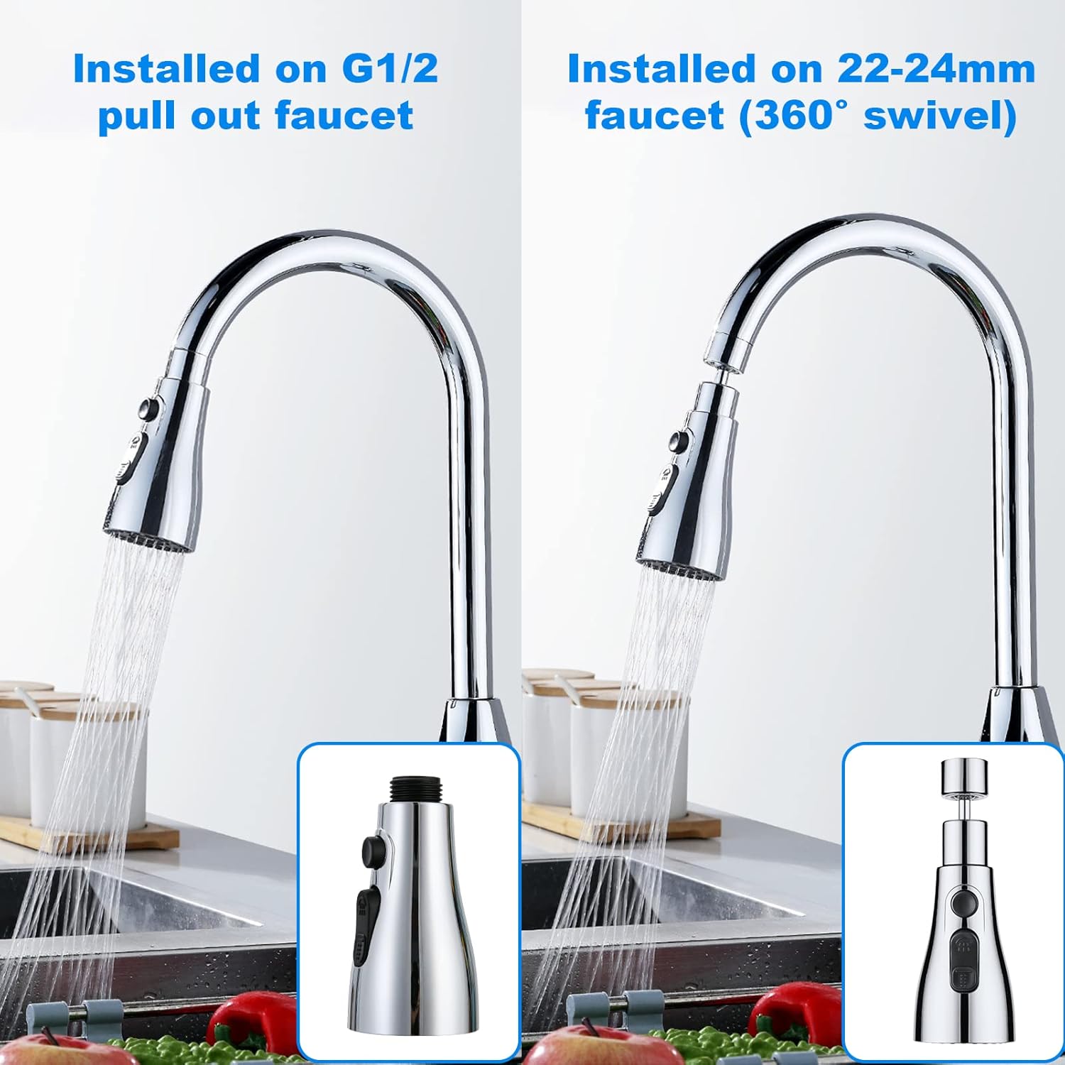 OSDUE Kitchen Tap Spray Head, 360° Swivel Spout, FM22 M24 Kitchen Sink Tap, Tap Faucet Attachment Spray with 3 Modes, Replacement Tap Bubbler Head Aerator,Tap Adapter Accessories,G1/2