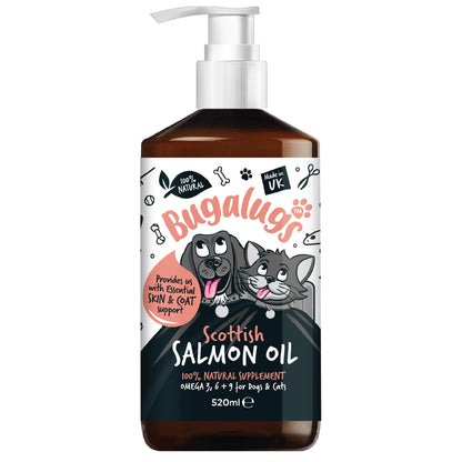 Bugalugs Scottish Salmon Oil For Dogs & Cats, Dog Supplement Support for Skin And Coat, Itchy Skin & Moulting, Omega 3 Fish Oil (Salmon, 500ml)