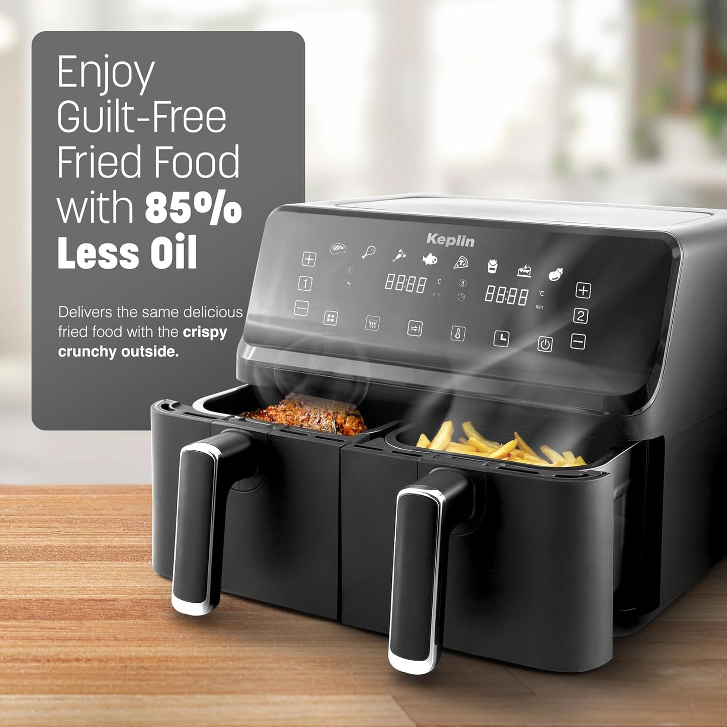Keplin 9L Dual Zone Air Fryer - 2700W Energy-Saving Cooker with 6 Cooking Functions - Extra-Large Capacity for Healthy Meals - Roast, Bake, Dehydrate, Crisp - Family Size (9L)