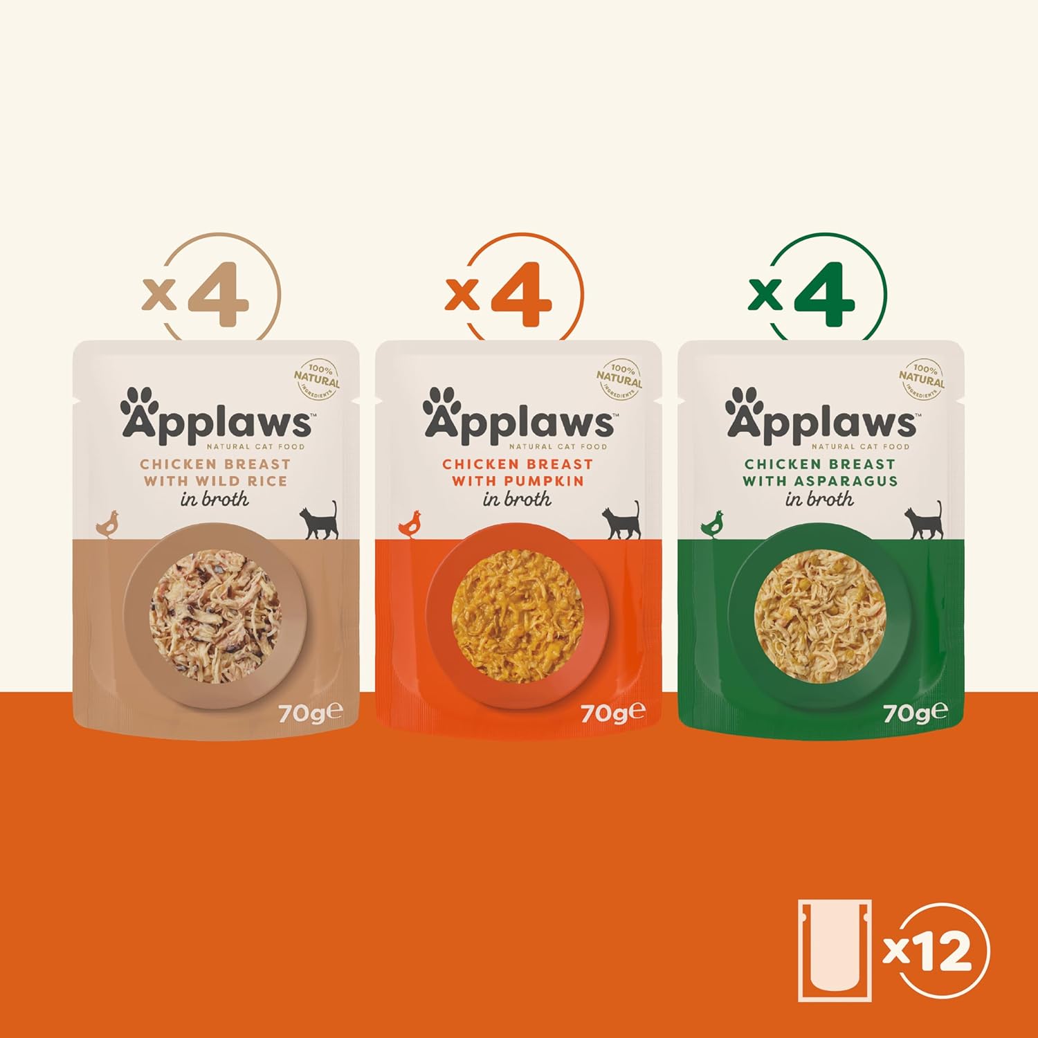 Applaws 100% Natural Wet Cat Food, Pouch Multipack Chicken Selection in Broth 70g, (12 x 70 g Pouches)