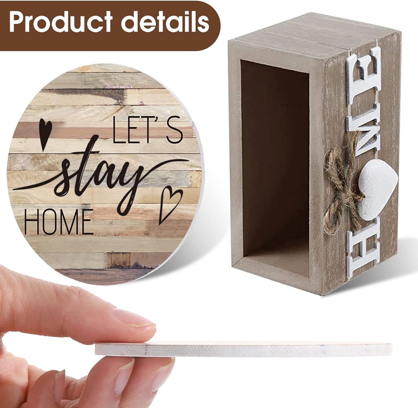 Queekay Housewarming Gifts for Home Decoration Wooden Heart Coasters for Drinks 6 Set Farmhouse Coasters with Holder Funny for Family Coffee Table Protection, 4''(Classic Farmhouse,Home)