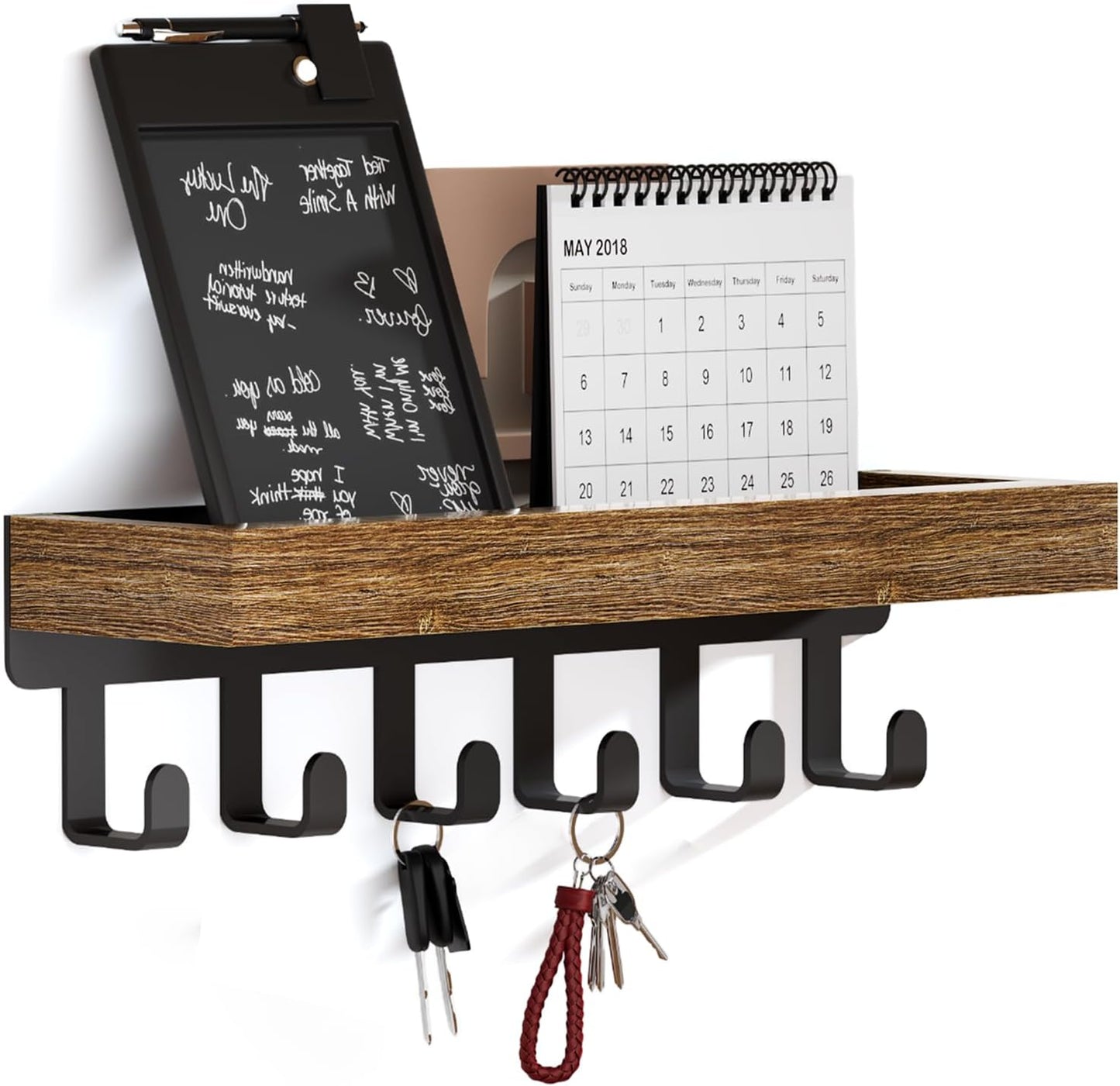 SWTYMIKI Key Holder with Wood Tray and 6 Hooks, Wall Mounted Key Racks, Key Hangers Home Decor Key Rack Mail Organizer for Hallway, Entryway, Bedroom, Mudroom, Office