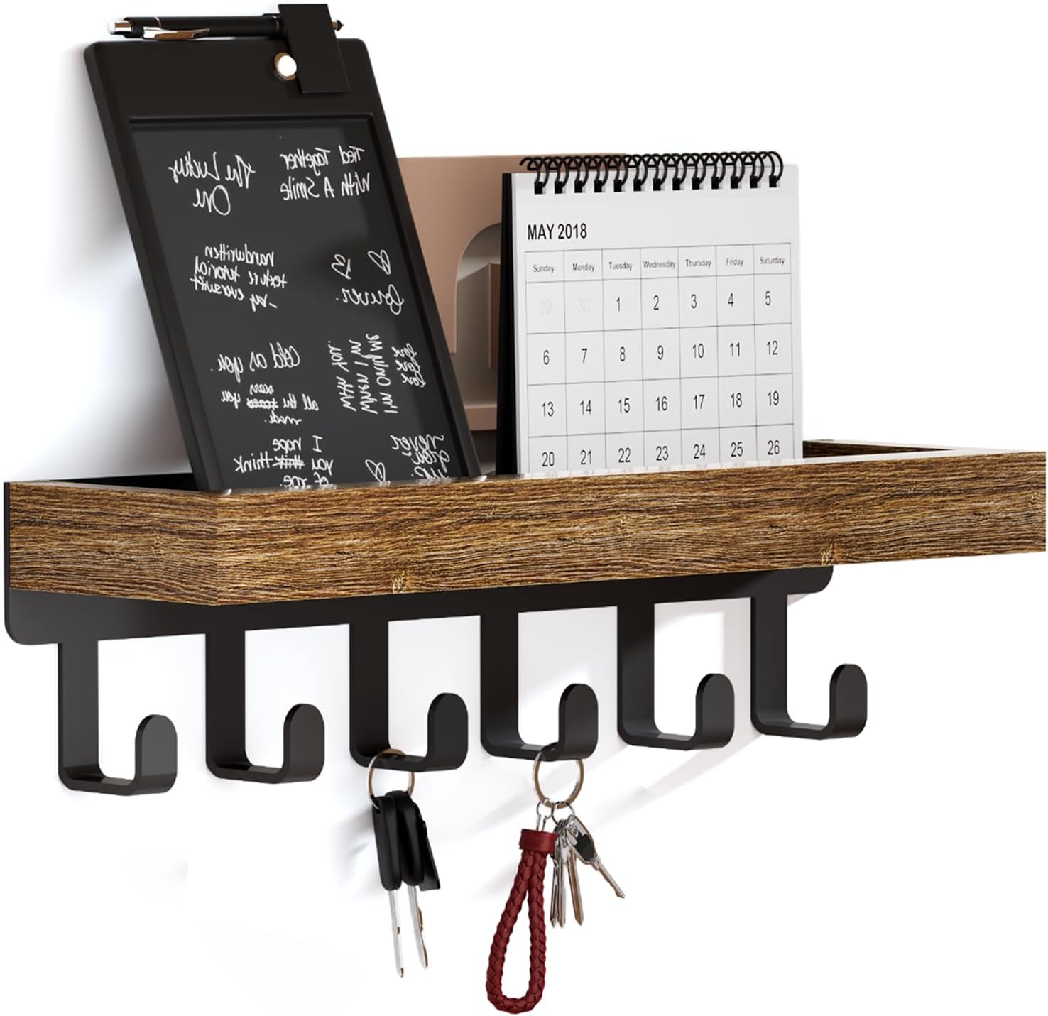 SWTYMIKI Key Holder with Wood Tray and 6 Hooks, Wall Mounted Key Racks, Key Hangers Home Decor Key Rack Mail Organizer for Hallway, Entryway, Bedroom, Mudroom, Office
