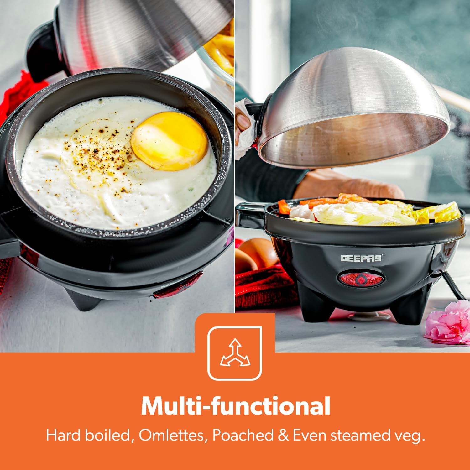 Geepas 3-in-1 Egg Boiler Poacher, 350W | Electric Egg Cooker & Omelette Maker, Vegetable Steamer | Poaching Bowl, Measuring Cup with Egg Piercer | Up to 7 Egg Capacity, Soft Medium & Hard-Boiled Eggs