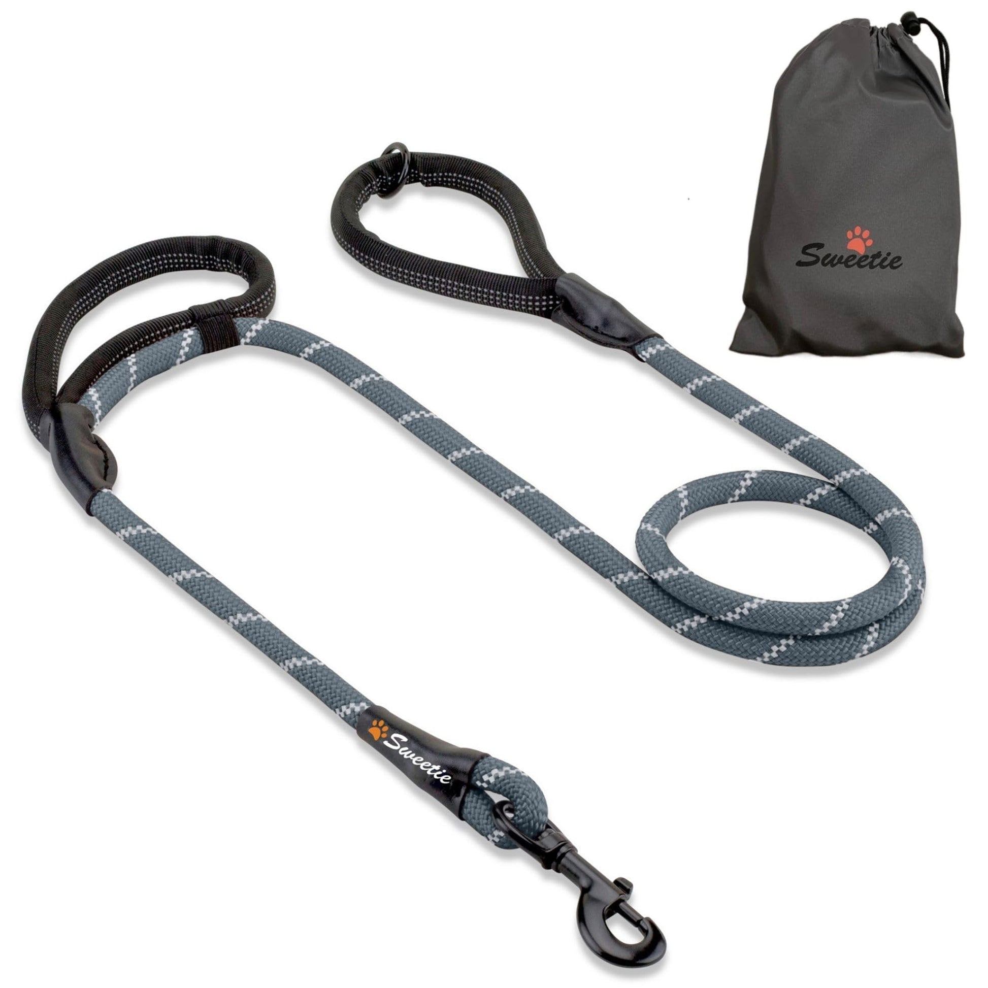 Rope Dog Lead - Innovative Design with Two Padded Handles - Reflective Stitching & O-Ring - 5 FT Long Leash for Medium & Large Sized Pets - Weather Resistant & Strong Material. Orange