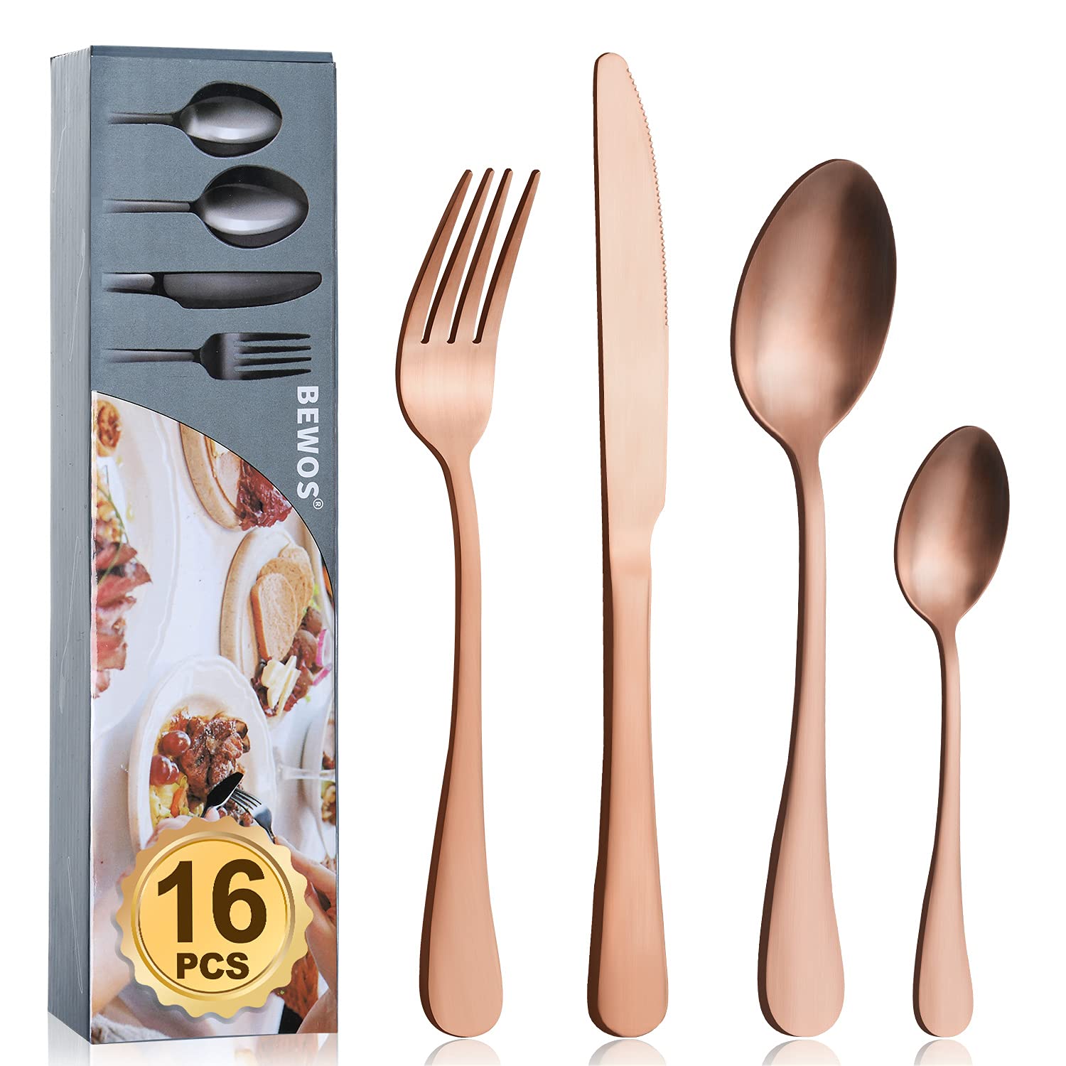 Cutlery Set, BEWOS 16-Piece Stainless Steel Flatware Set, Tableware Silverware Set with Rainbow Spoon Knife and Fork Set, Service for 4, Dishwasher Safe/Easy Clean, Mirror Polished