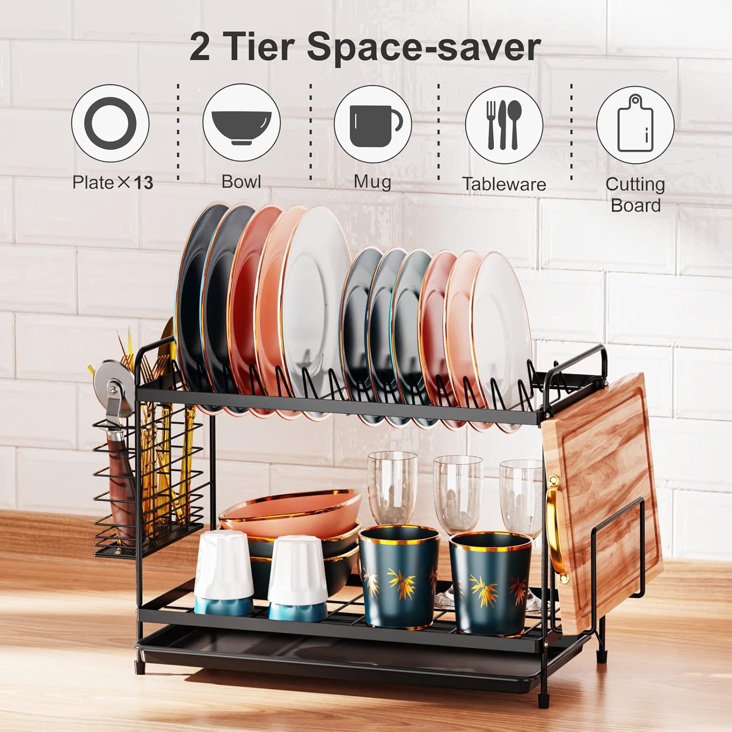 iSPECLE 2 Tier Dish Drainer Rack - Small Dish Drying Rack with Drip Tray, Space-Saving Draining Board Rack with Utensil Cutting & Board Holder for Kitchen Worktop, Black