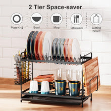 iSPECLE 2 Tier Dish Drainer Rack - Small Dish Drying Rack with Drip Tray, Space-Saving Draining Board Rack with Utensil Cutting & Board Holder for Kitchen Worktop, Black