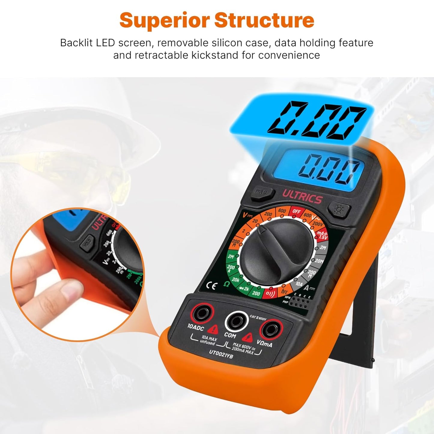 ULTRICS Digital Multimeter, Voltmeter Ammeter Ohmmeter Circuit Checker with Backlight LCD Test Leads, Portable Multi Tester Measures OHM AC DC Voltage Current Resistance Continuity Diodes Transistor