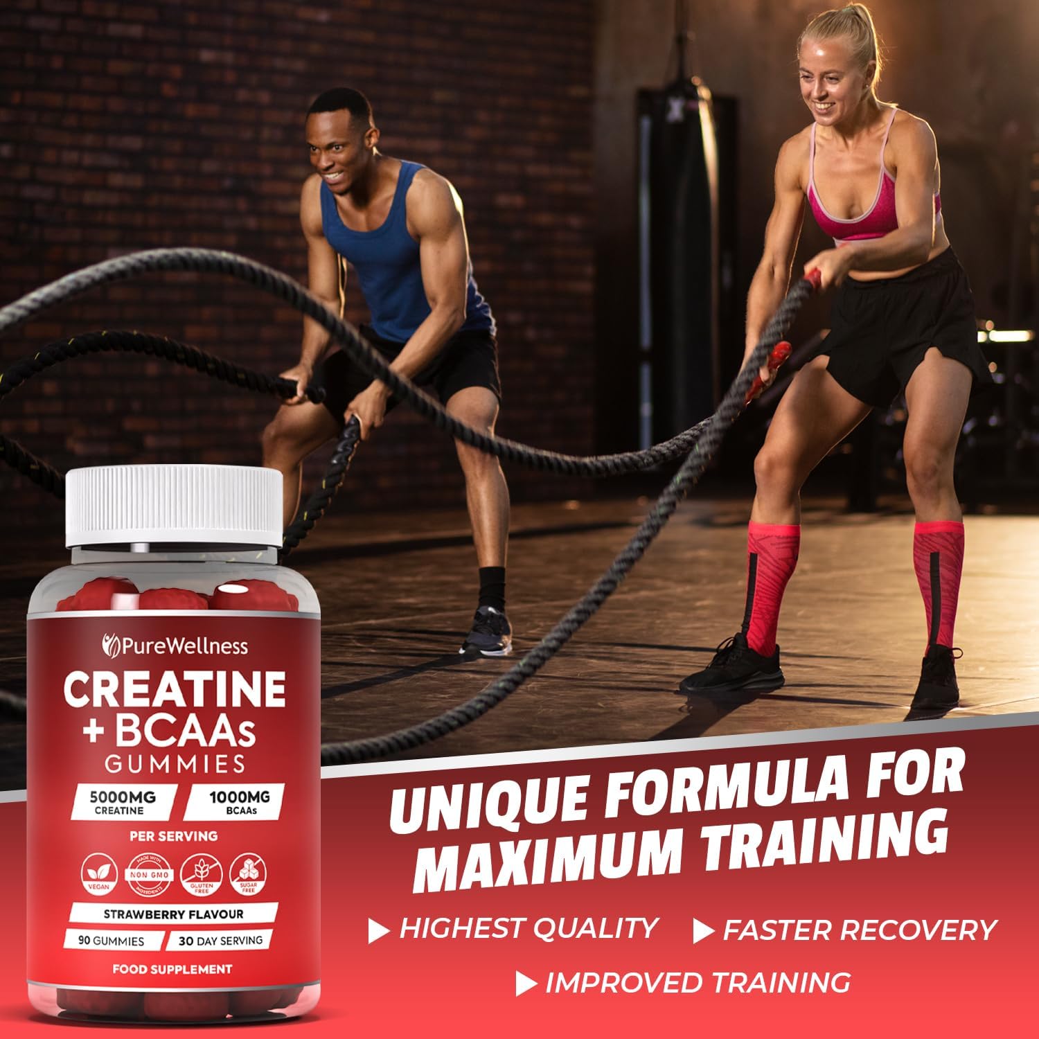 PureWellness Creatine and BCAA Gummies - 5000mg Creatine Monohydrate, 1000mg BCAAs per Serving - Chewable Vegan Sugar Free Gummies, Strawberry Flavour (1 Month Supply)