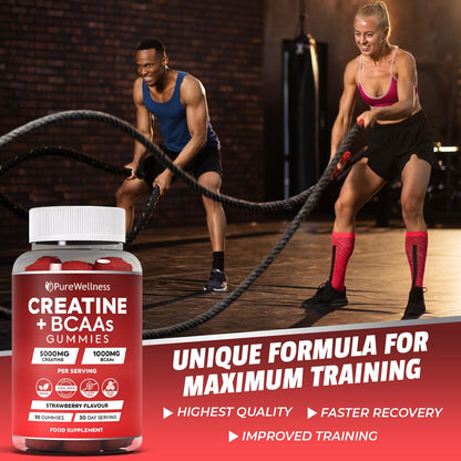 PureWellness Creatine and BCAA Gummies - 5000mg Creatine Monohydrate, 1000mg BCAAs per Serving - Chewable Vegan Sugar Free Gummies, Strawberry Flavour (1 Month Supply)
