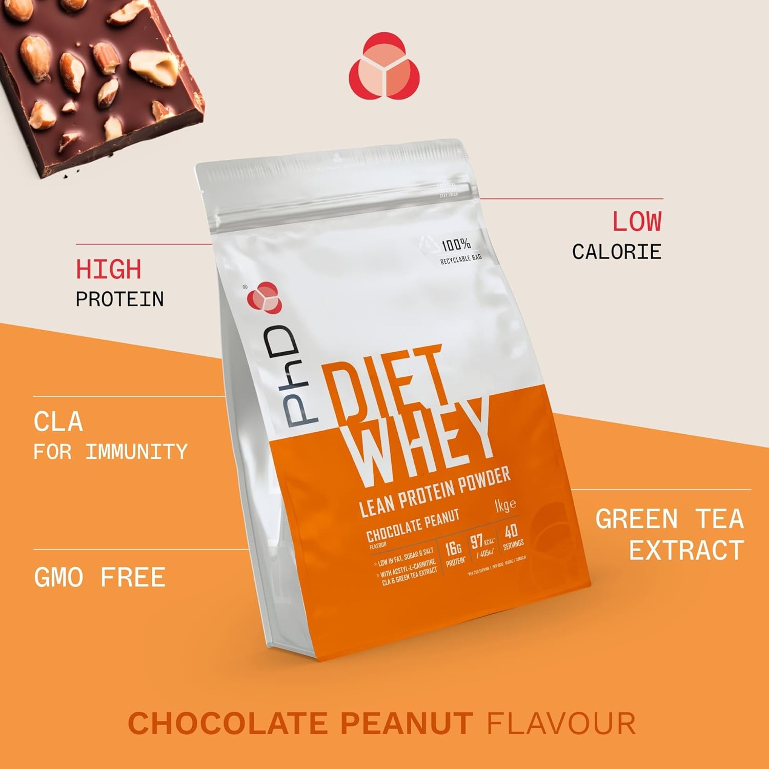 PhD Nutrition Diet Whey Low Calorie Protein Powder, Low Carb, High Protein Lean Matrix, Chocolate Peanut Butter Protein Powder, High Protein, 40 Servings Per 1 kg Bag