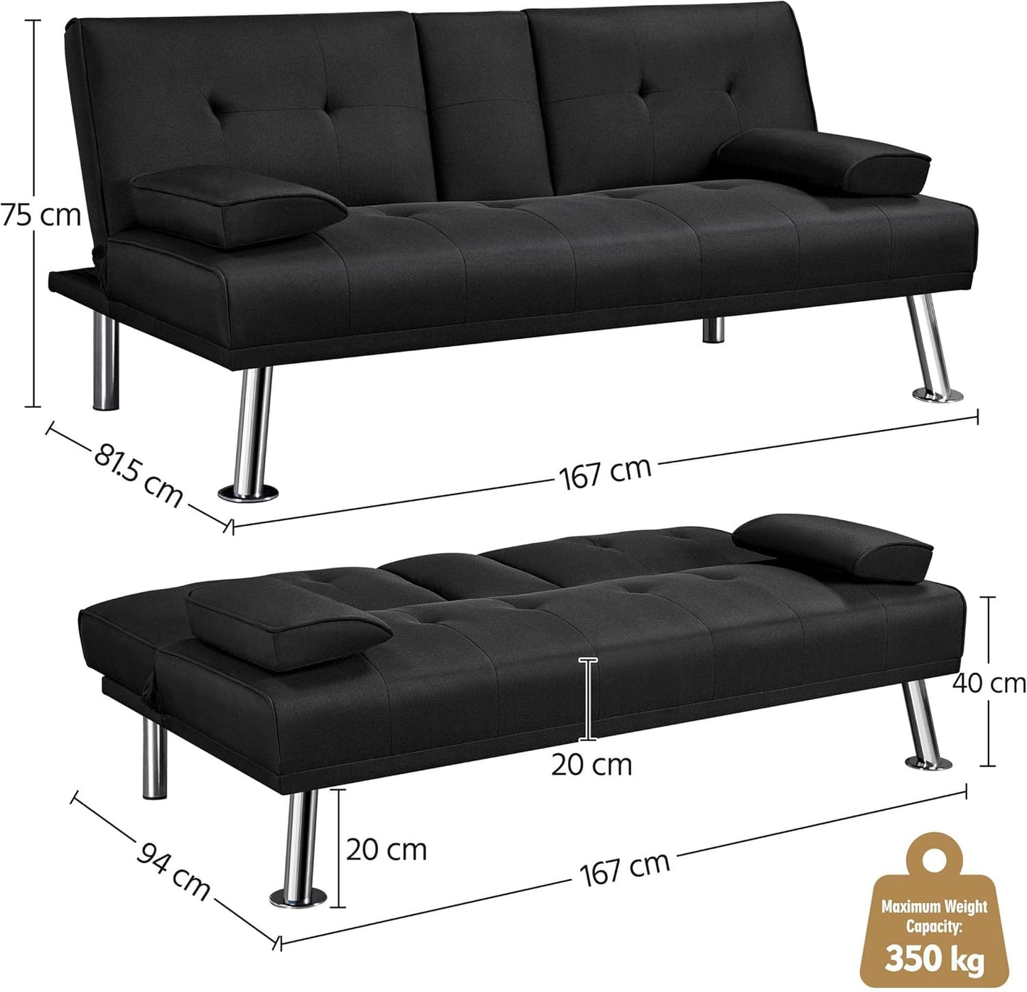 Yaheetech Sofa Bed Fabric Click Clack Sofa Bed with 2 Cup Holders, Convertible Futon Settee, Futon Recliner Lounge for Living Room, Spare Room, Bedroom, Black