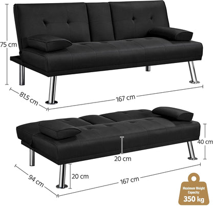 Yaheetech Sofa Bed Fabric Click Clack Sofa Bed with 2 Cup Holders, Convertible Futon Settee, Futon Recliner Lounge for Living Room, Spare Room, Bedroom, Black