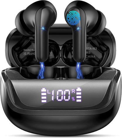 Wireless Earbuds, Bluetooth 5.4 Headphones with 4 ENC Noise Cancelling Microphone, Ear buds with HiFi Stereo Deep Bass, Bluetooth Earphones 45H Playtime LED Display, IP7 Waterproof, Dark Black