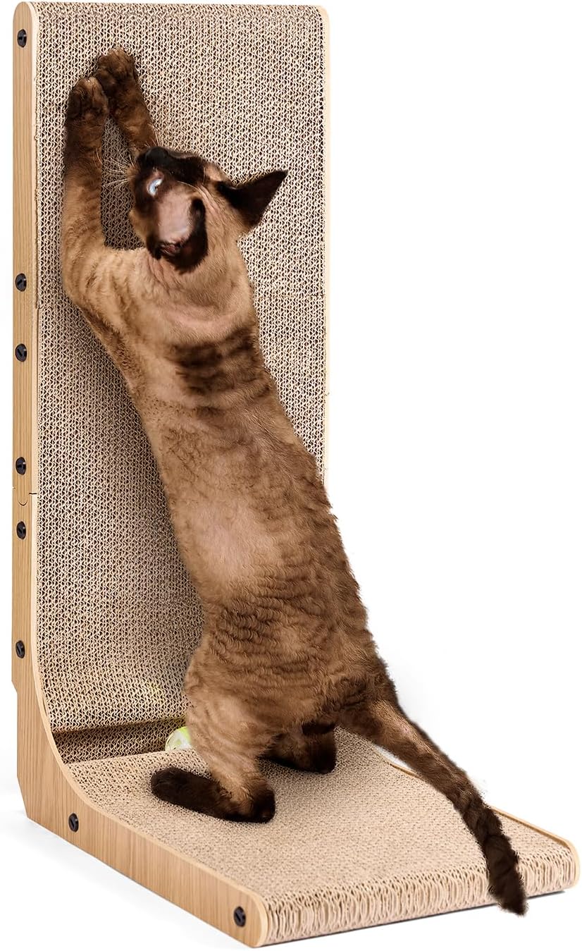EHEYCIGA 68cm L-Shape Vertical Cardboard Scratching Board for Indoor Cats, Large Scratch Pad With Ball Toy