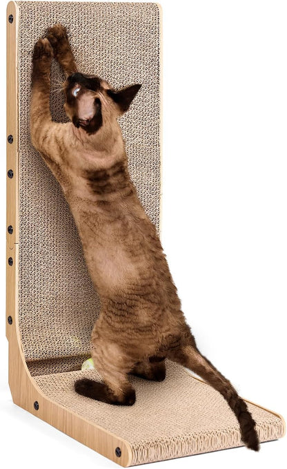 EHEYCIGA 68cm L-Shape Vertical Cardboard Scratching Board for Indoor Cats, Large Scratch Pad With Ball Toy