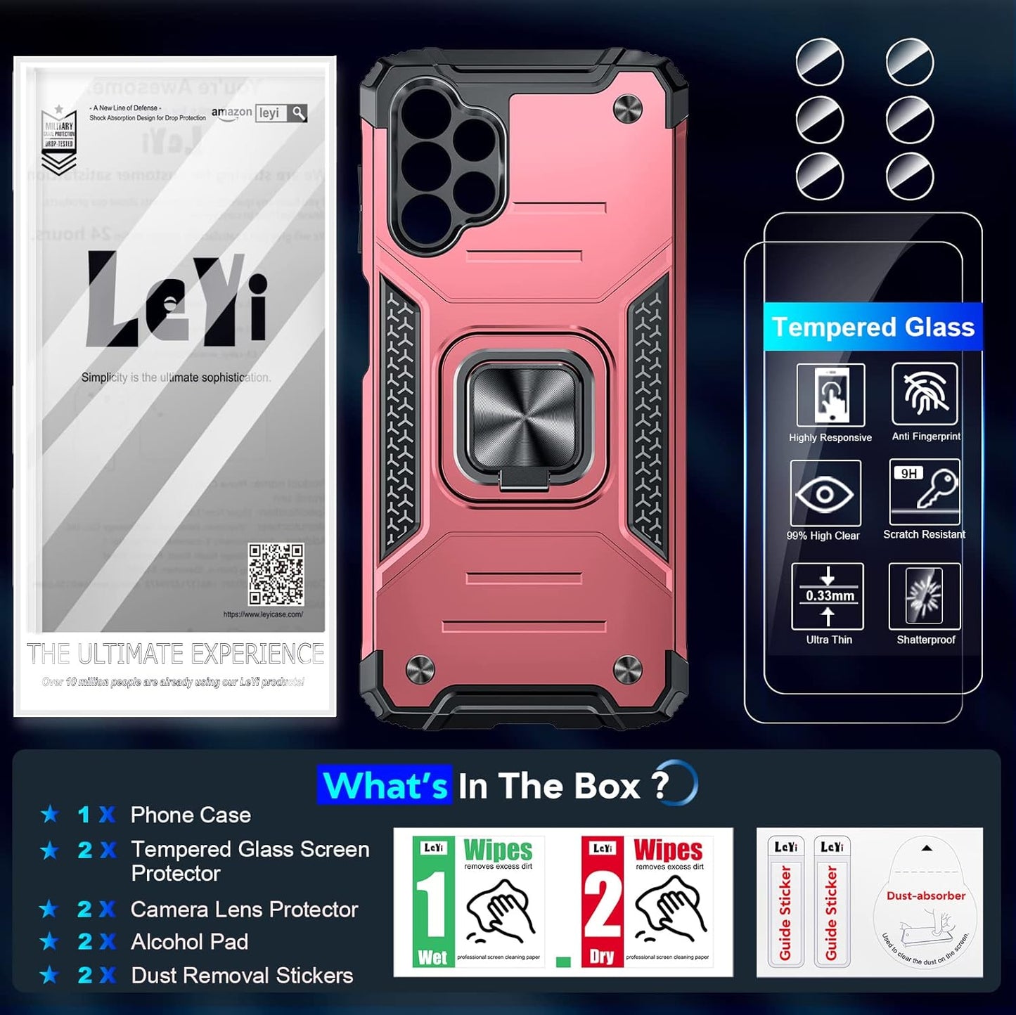LeYi for Samsung Galaxy A13 4G Phone Case and 2 Tempered Glass Screen Protector + 2 Camera Lens Protector, Ring Holder Shockproof Military Grade Protective Mobile Phone Cover for Samsung A13 Rose Gold