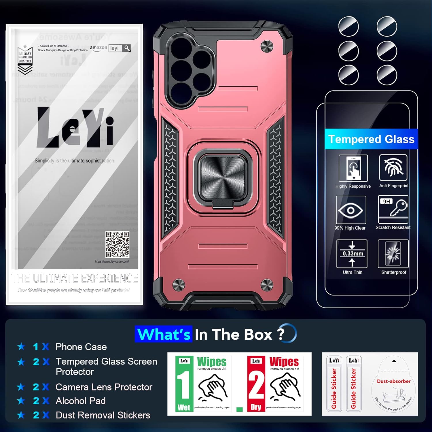 LeYi for Samsung Galaxy A13 4G Phone Case and 2 Tempered Glass Screen Protector + 2 Camera Lens Protector, Ring Holder Shockproof Military Grade Protective Mobile Phone Cover for Samsung A13 Rose Gold