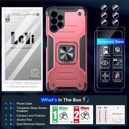 LeYi for Samsung Galaxy A13 4G Phone Case and 2 Tempered Glass Screen Protector + 2 Camera Lens Protector, Ring Holder Shockproof Military Grade Protective Mobile Phone Cover for Samsung A13 Rose Gold