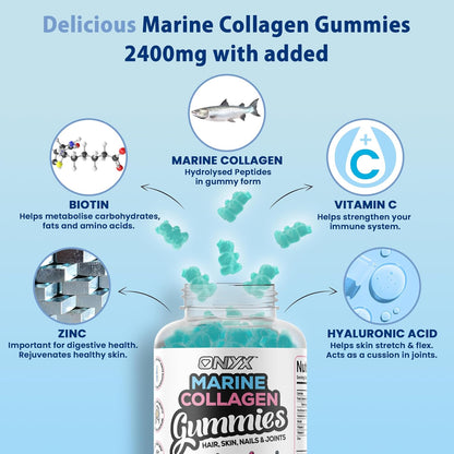 Onyx Marine Collagen 2200mg with Hyaluronic Acid & Biotin - High Strength Collagen Supplements for Women & Men - 60 Vegan Gummies