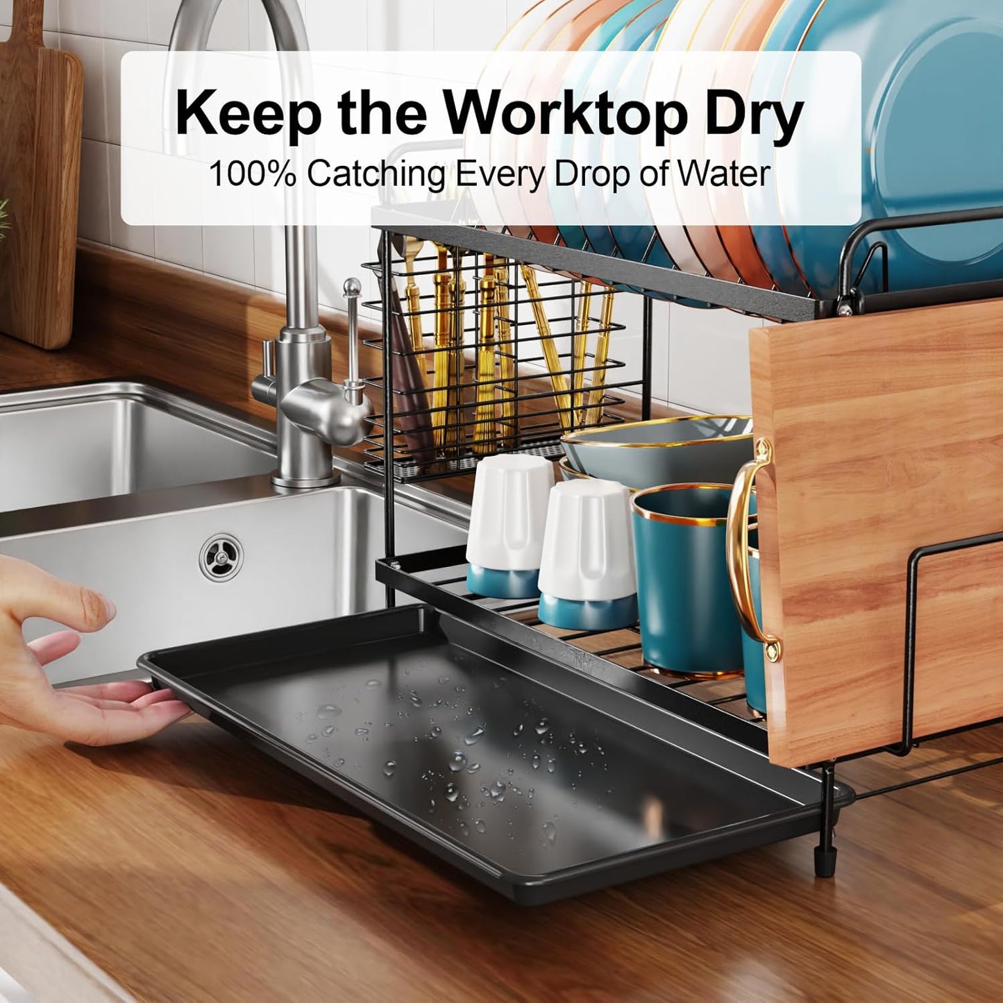 iSPECLE 2 Tier Dish Drainer Rack - Small Dish Drying Rack with Drip Tray, Space-Saving Draining Board Rack with Utensil Cutting & Board Holder for Kitchen Worktop, Black
