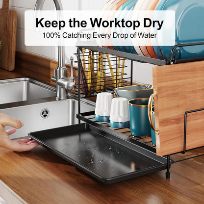 iSPECLE 2 Tier Dish Drainer Rack - Small Dish Drying Rack with Drip Tray, Space-Saving Draining Board Rack with Utensil Cutting & Board Holder for Kitchen Worktop, Black