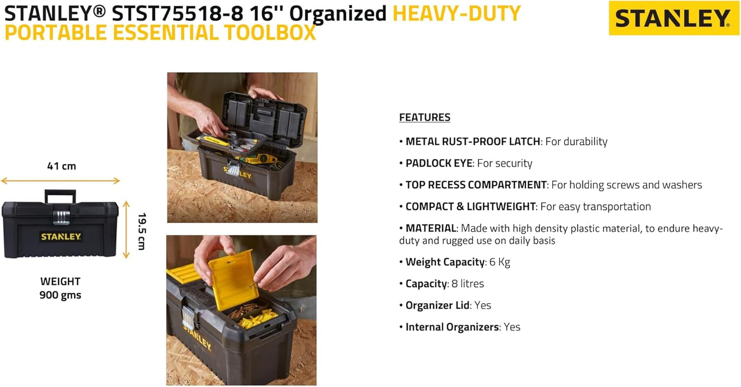 STANLEY Essential Tool Box (16in), Durable Storage Solution with Removable Tote Tray and Organisers, for Parts and Tools Storage, STST1-75518
