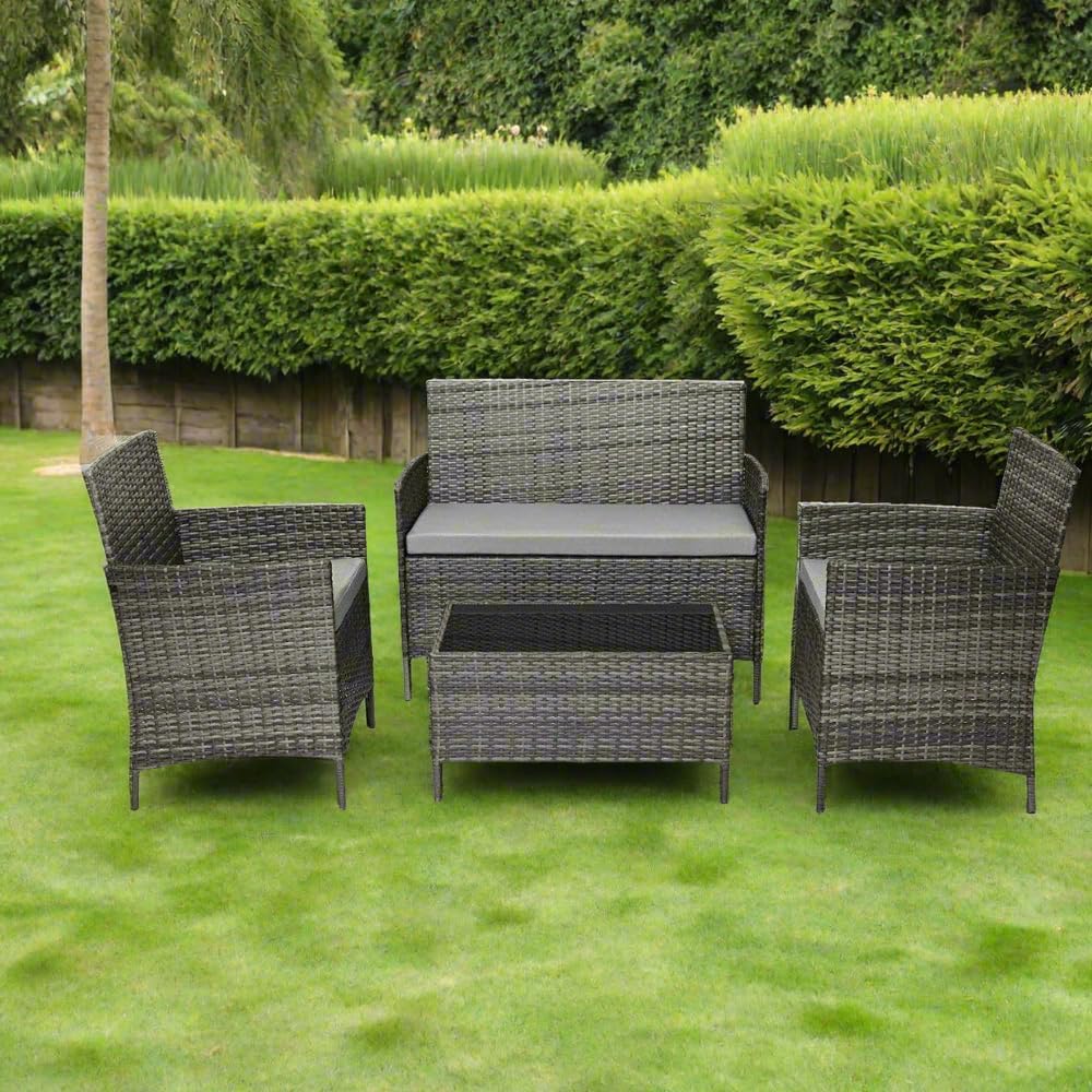 Grey Rattan Garden Furniture Set Patio Conservatory Balcony Indoor Outdoor 4 Seater Piece Glass Top Coffee Table Modular Sofa Loveseat with Cushions