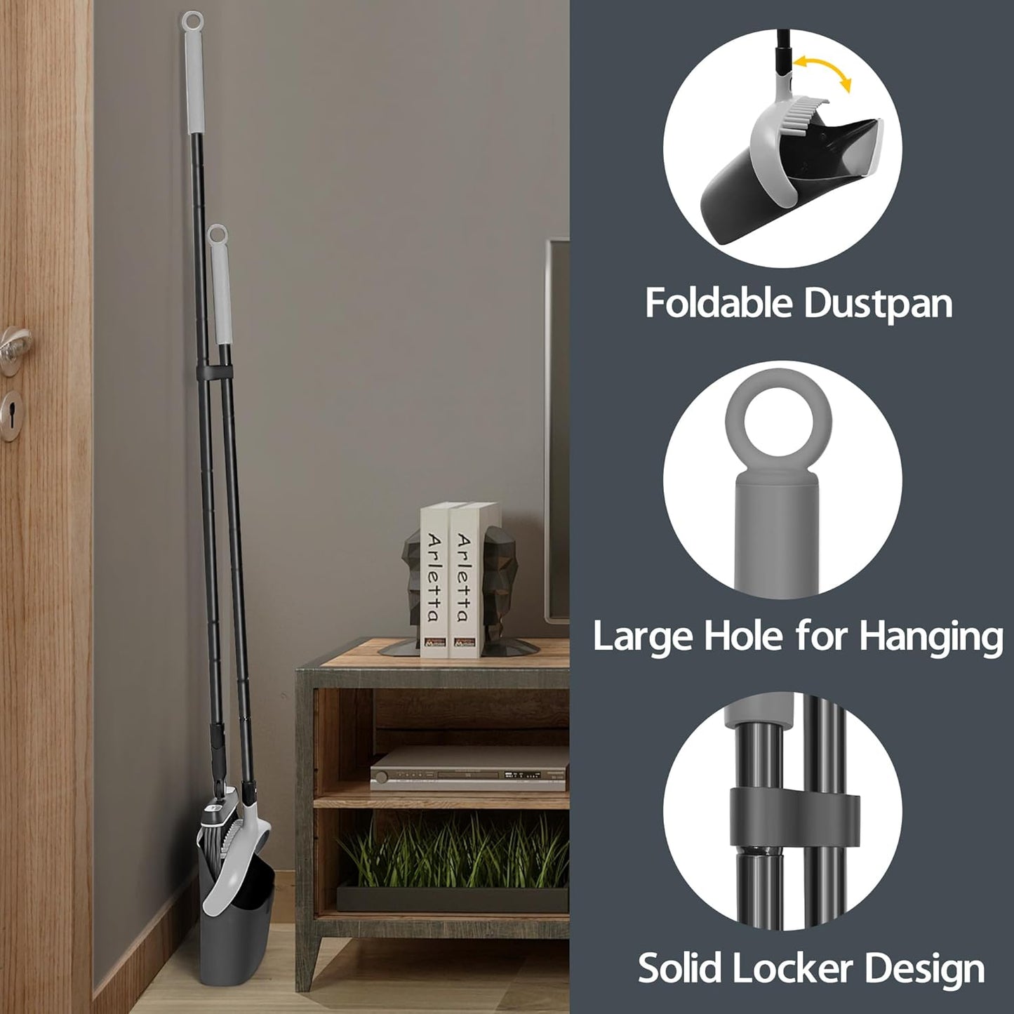 JEHONN Long Handled Dustpan and Brush Set, 138 cm Tall Swivel Broom, Upright Foldable Dust Pan with Comb Teeth for Home Kitchen Lobby Indoor Floor Cleaning (Black & Gray)