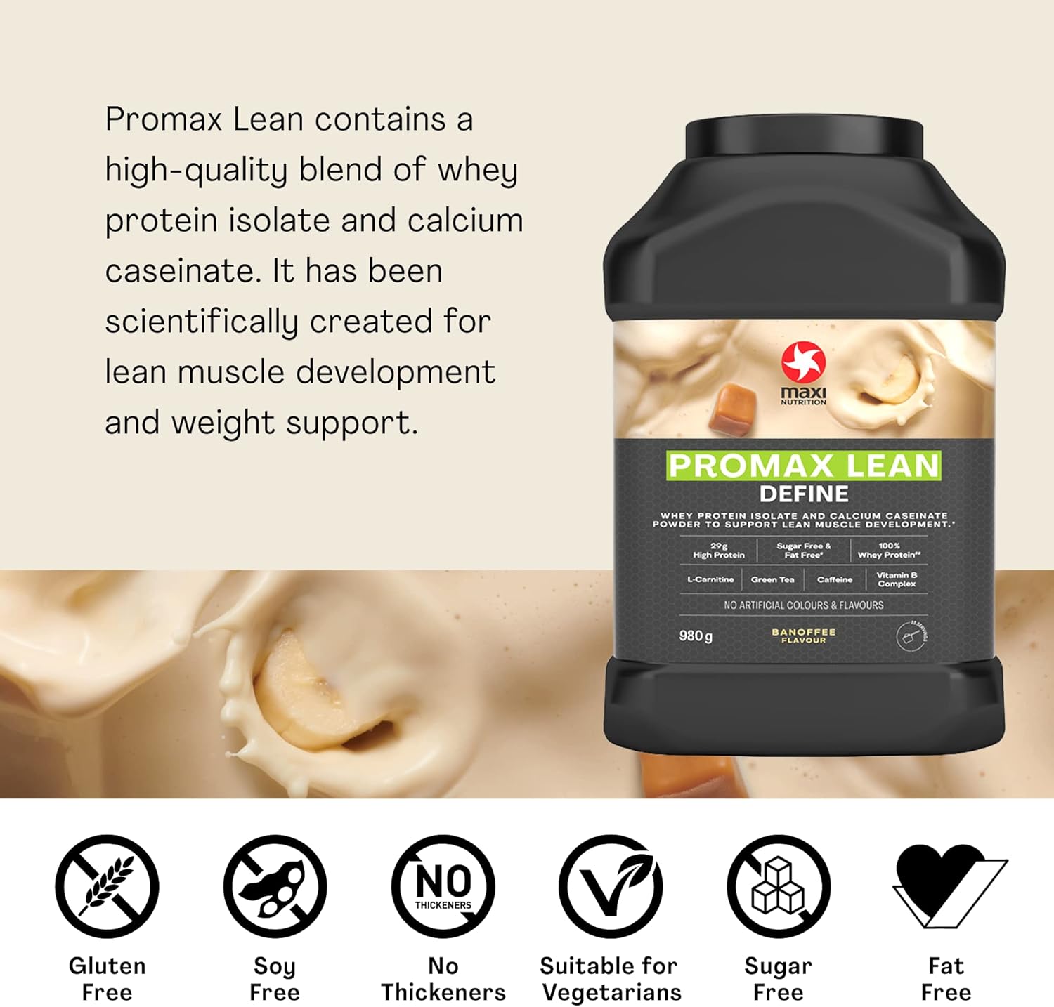 MaxiNutrition - Promax Lean, Banoffee - Whey Protein Powder for Weight Loss and Lean Muscle Development – Sugar Free and Fat Free, Vegetarian-Friendly, 29g Protein, 128 kcal per Serving, 980g
