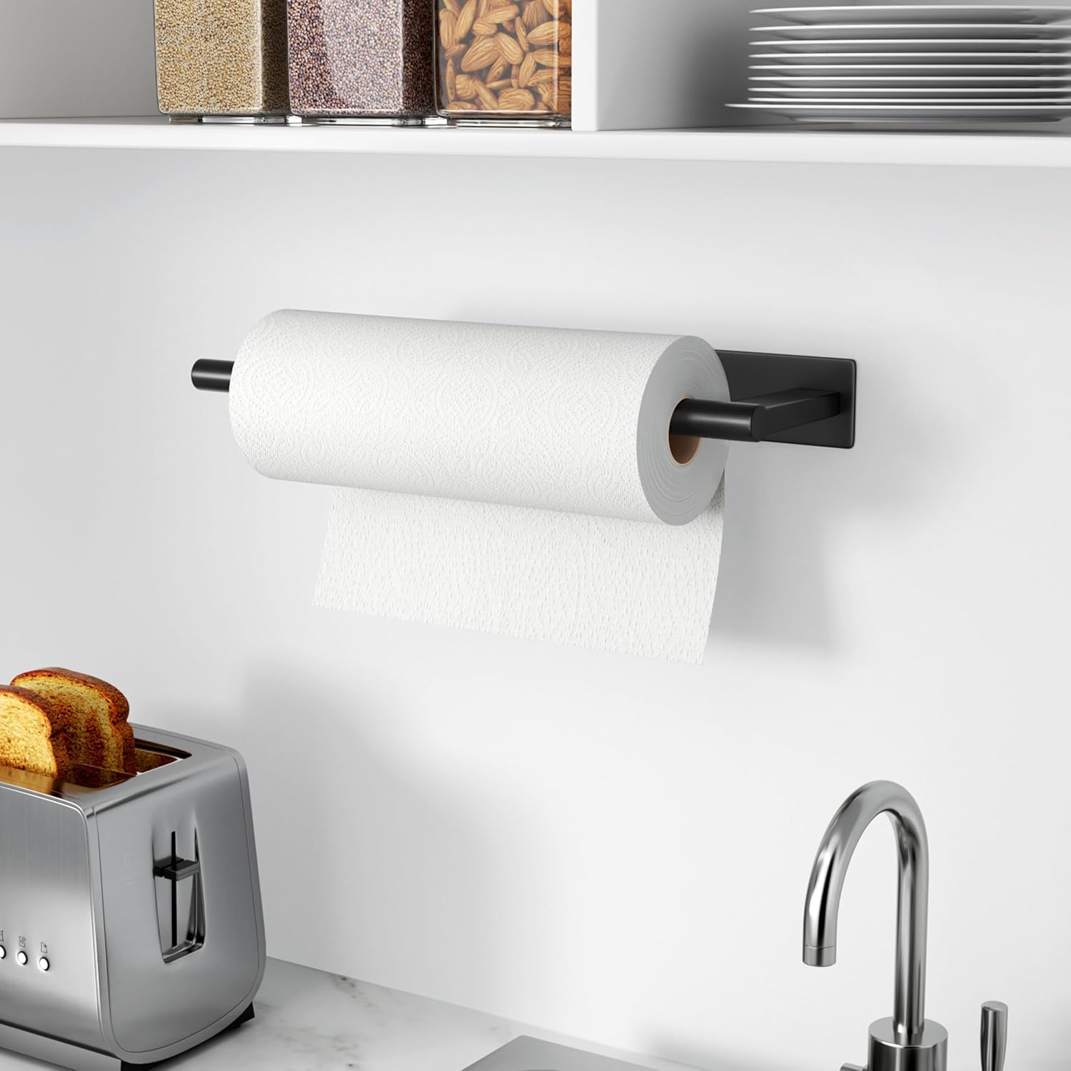 Kitchen Roll Holder Under Cabinet, Stainless Steel Paper Towel Holder Matte Black, Self-Adhensive, Suitable for Pantry, Kitchen, Bathroom