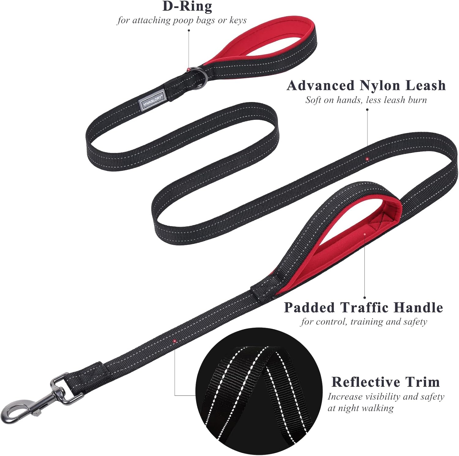 Traffic Handle Dog Lead, Soft Two Padded Handles Dog Leash, Strong Reflective & Metal Hook Training Dog Lead, Black