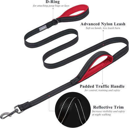 Traffic Handle Dog Lead, Soft Two Padded Handles Dog Leash, Strong Reflective & Metal Hook Training Dog Lead, Black