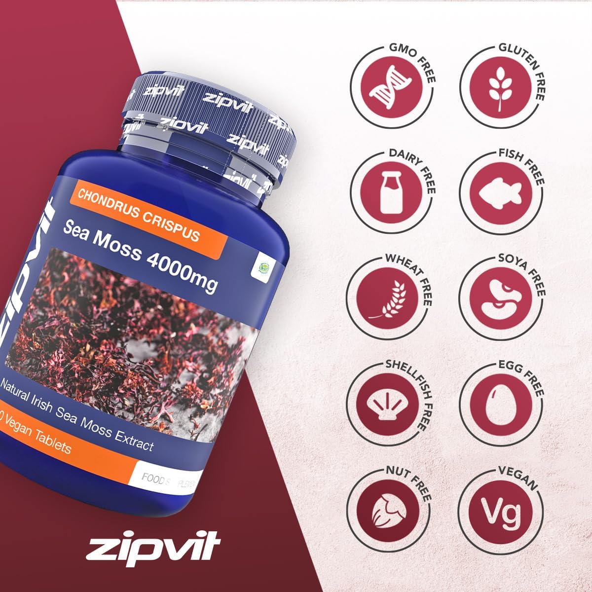 Zipvit Irish Sea Moss 4000mg, 120 Vegan Tablets, High Strength Superfood, Naturally Rich in Minerals, 2 Month Supply, Responsibly Sourced Seaweed
