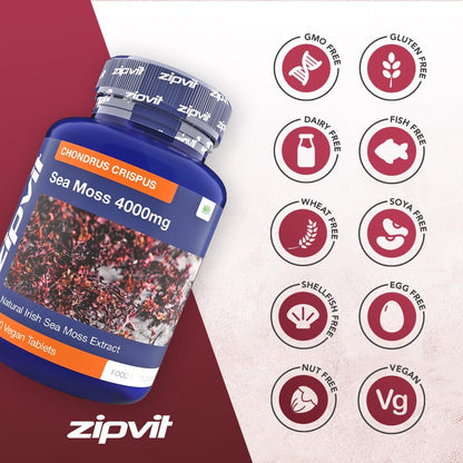 Zipvit Irish Sea Moss 4000mg, 120 Vegan Tablets, High Strength Superfood, Naturally Rich in Minerals, 2 Month Supply, Responsibly Sourced Seaweed