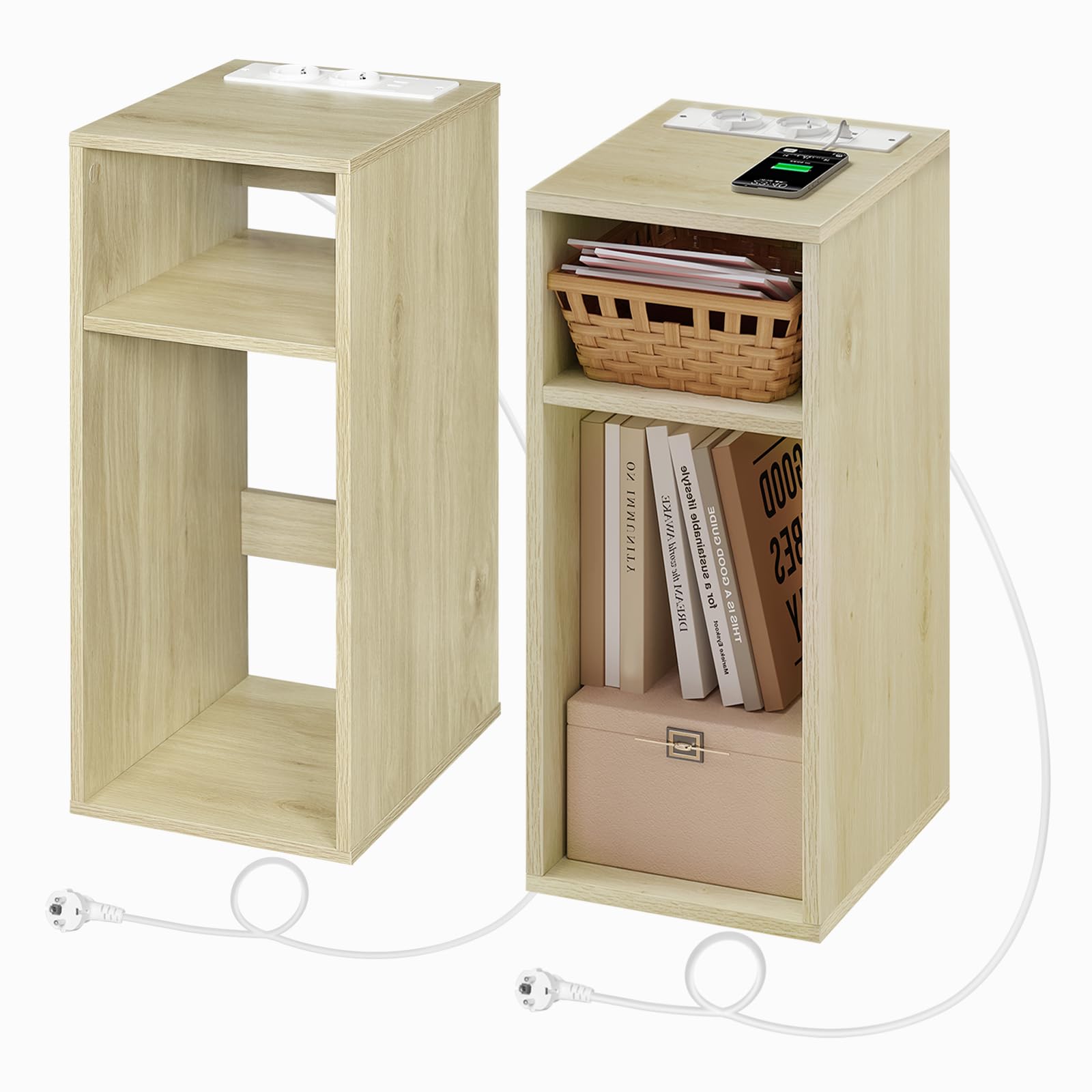 WOLTU Bedside Table, Nightstand with Charging Station with 2 Sockets and 2 USB Ports, Light Woodlook Side Table with 2 Open Compartments, Narrow Table for Living Room and Bedroom, 25x30x60cm, NTS06hei