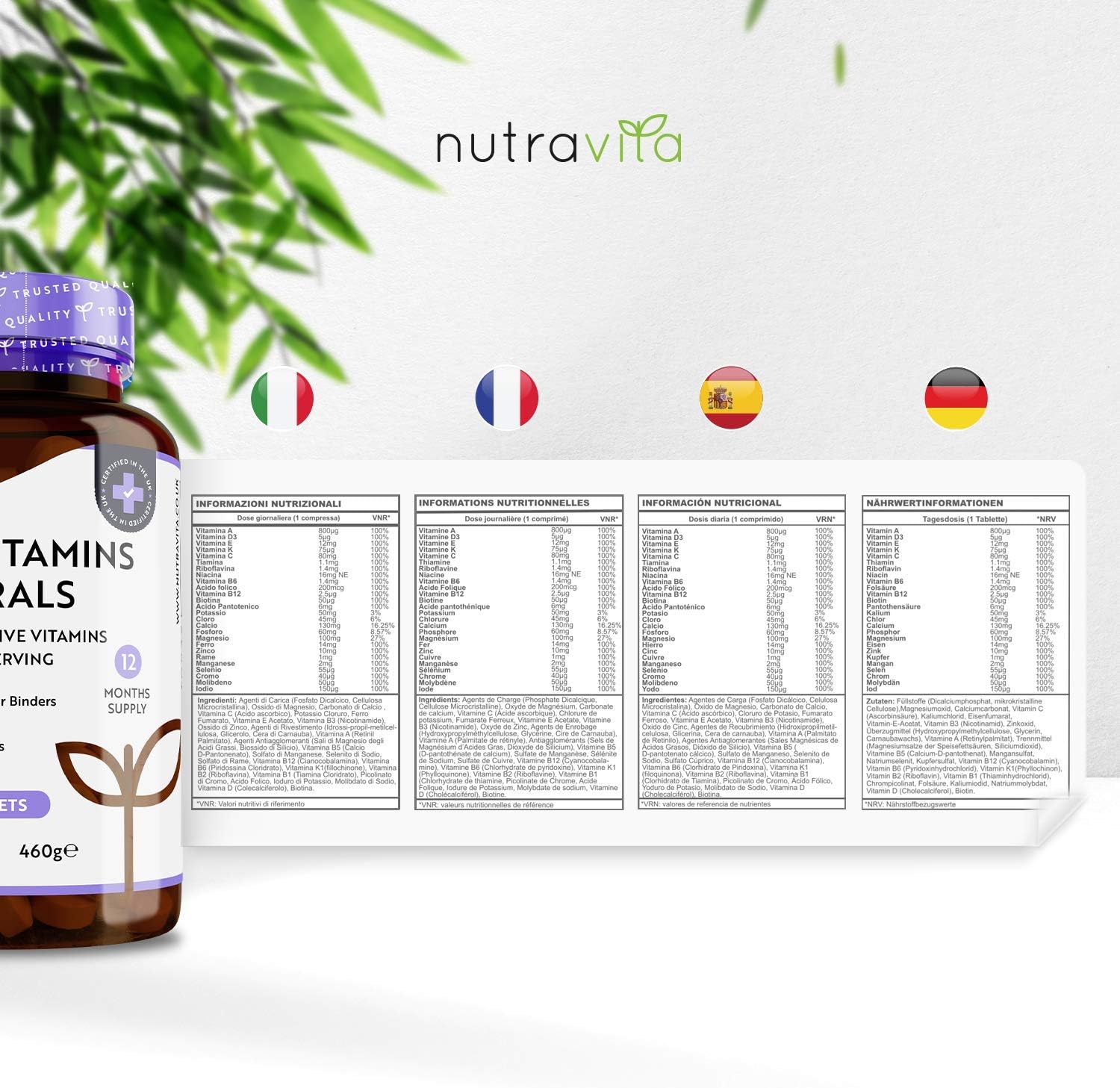 Multivitamins & Minerals - 365 Vegan Multivitamin Tablets - 1 Year Supply - Multivitamin Tablets for Men and Women with 26 Essential Active Vitamins & Minerals - Made in The UK by Nutravita
