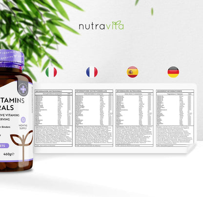 Multivitamins & Minerals - 365 Vegan Multivitamin Tablets - 1 Year Supply - Multivitamin Tablets for Men and Women with 26 Essential Active Vitamins & Minerals - Made in The UK by Nutravita